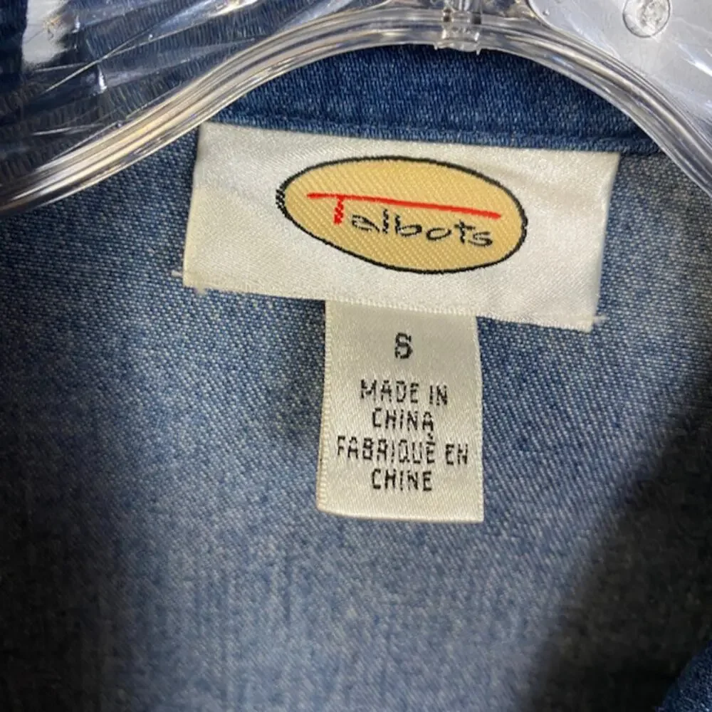 TALBOTS Sz 8 Embroidered Denim Shirt Jacket Boho Floral Jean Metal Buttons